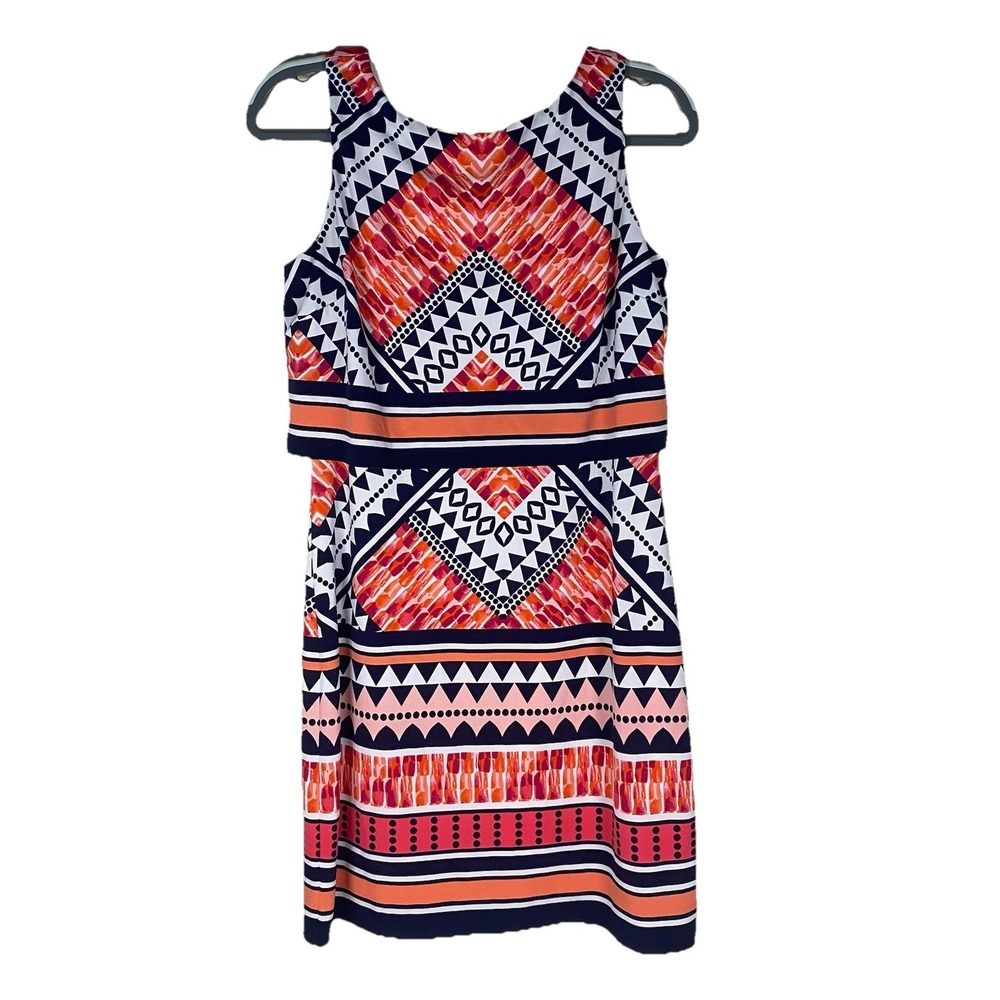 Vince Camuto 8 Stretch Knit Sheath‎ Dress Multicolor Geometric Sleeveless Tiered